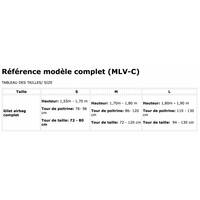 guide taille gilet airbag hit air